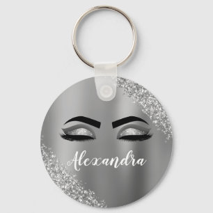 Silver Glitter Sparkle Eyelashes Monogram Name Keychain