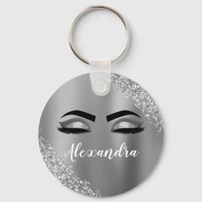 Silver Glitter Sparkle Eyelashes Monogram Name Keychain (Front)
