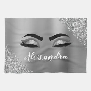 Silver Glitter Sparkle Eyelashes Monogram Name Kitchen Towel