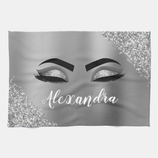 Silver Glitter Sparkle Eyelashes Monogram Name Kitchen Towel (Horizontal)