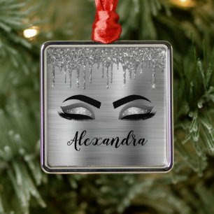 Silver Glitter Sparkle Eyelashes Monogram Name Metal Ornament