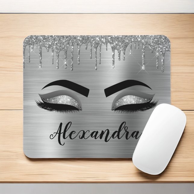 Silver Glitter Sparkle Eyelashes Monogram Name Mouse Pad (Creator Uploaded)