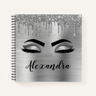 Silver Glitter Sparkle Eyelashes Monogram Name Notebook