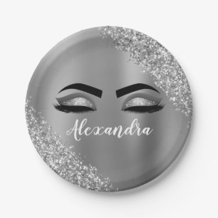 Silver Glitter Sparkle Eyelashes Monogram Name Paper Plate