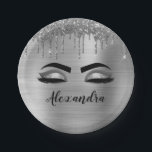 Silver Glitter Sparkle Eyelashes Monogram Name Paper Plate<br><div class="desc">Silver Faux Foil Metallic Sparkle Glitter Brushed Metal Monogram Name and Initial Eyelashes (Lashes),  Eyelash Extensions and Eyes Paper Plates. The design makes the perfect sweet 16 birthday,  wedding,  bridal shower,  anniversary,  baby shower or bachelorette party gift for someone looking for a trendy cool style.</div>