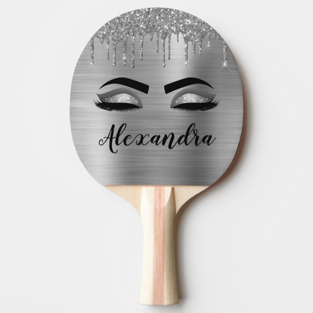 Silver Glitter Sparkle Eyelashes Monogram Name Ping Pong Paddle (Front)