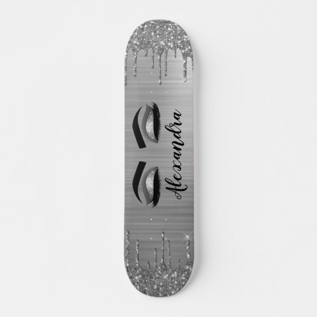 Silver Glitter Sparkle Eyelashes Monogram Name Skateboard (Front)