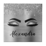 Silver Glitter Sparkle Eyelashes Monogram Name Tile<br><div class="desc">Silver Faux Foil Metallic Sparkle Glitter Brushed Metal Monogram Name and Initial Eyelashes (Lashes),  Eyelash Extensions and Eyes Decorative Tile. The design makes the perfect sweet 16 birthday,  wedding,  bridal shower,  anniversary,  baby shower or bachelorette party gift for someone looking for a trendy cool style.</div>