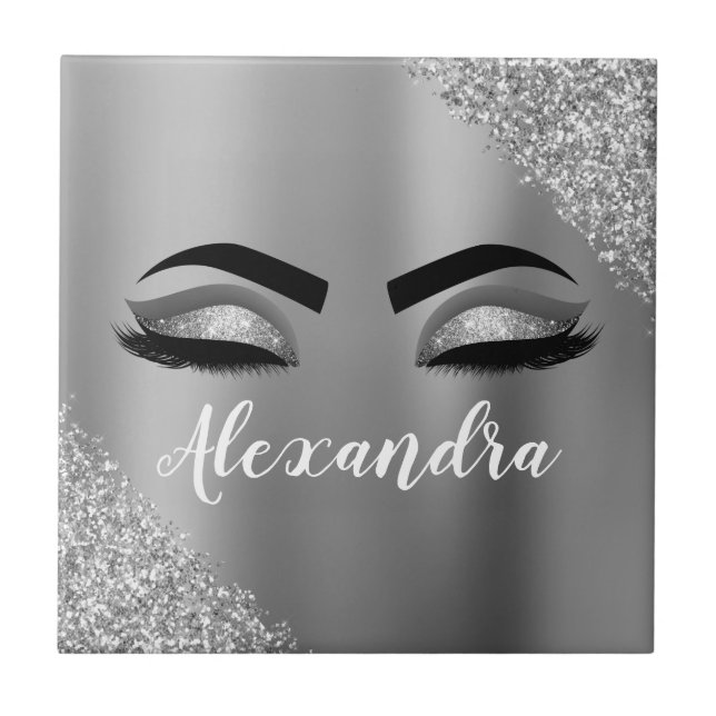 Silver Glitter Sparkle Eyelashes Monogram Name Tile (Front)