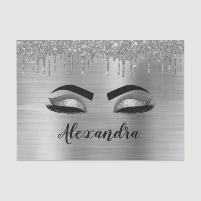 Silver Glitter Sparkle Eyelashes Monogram Name Tissue Paper (Front)