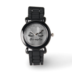 Silver Glitter Sparkle Eyelashes Monogram Name Watch