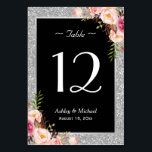 Silver Glitter Sparkle Floral Wedding Table Number<br><div class="desc">================= ABOUT THIS DESIGN ================= (1) Please customize this template one by one (e.g, from number 1 to xx) , and add each number card separately to your cart. (2) For further customization, please click the "Customize" button and use our design tool to modify this template. The black background and...</div>