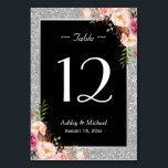 Silver Glitter Sparkle Floral Wedding Table Number<br><div class="desc">================= ABOUT THIS DESIGN ================= (1) Please customize this template one by one (e.g, from number 1 to xx) , and add each number card separately to your cart. (2) For further customization, please click the "Customize" button and use our design tool to modify this template. The black background and...</div>