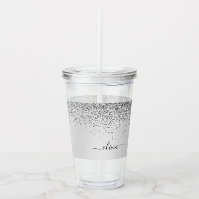 Silver Glitter Sparkle Glam Metal Monogram Name Acrylic Tumbler (Front)