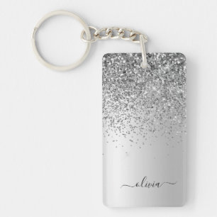 Silver Glitter Sparkle Glam Metal Monogram Name Keychain