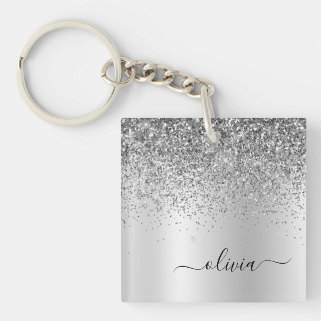 Silver Glitter Sparkle Glam Metal Monogram Name Keychain (Front)