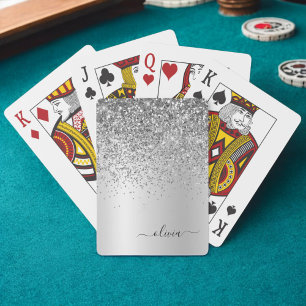 Silver Glitter Sparkle Glam Metal Monogram Name Playing Cards