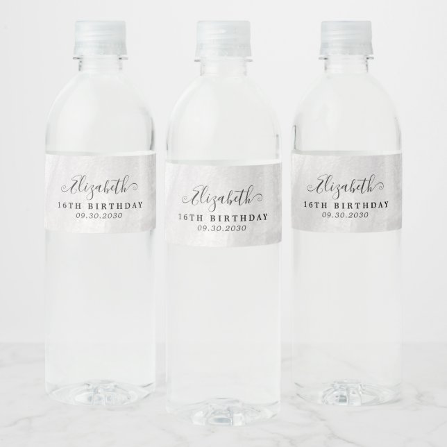 Silver Glitter Sparkle Gown Sweet 16th Birthday Water Bottle Label (Bottles)