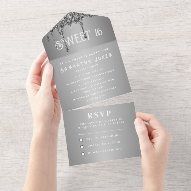 Silver Glitter Sparkle Grey Modern Sweet 16  All In One Invitation (Tearaway)