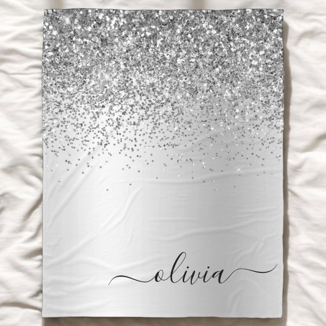 Silver Glitter Sparkle Metal Monogram Name Fleece Blanket (Creator Uploaded)
