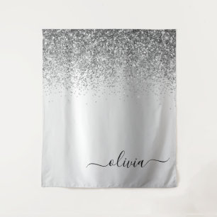 Silver Glitter Sparkle Metal Monogram Name Tapestry