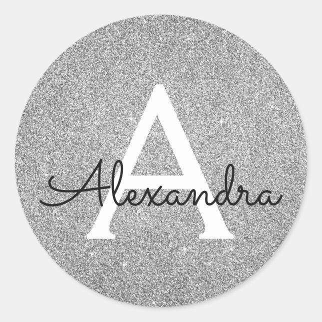 Silver Glitter & Sparkle Monogram Birthday Classic Round Sticker (Front)