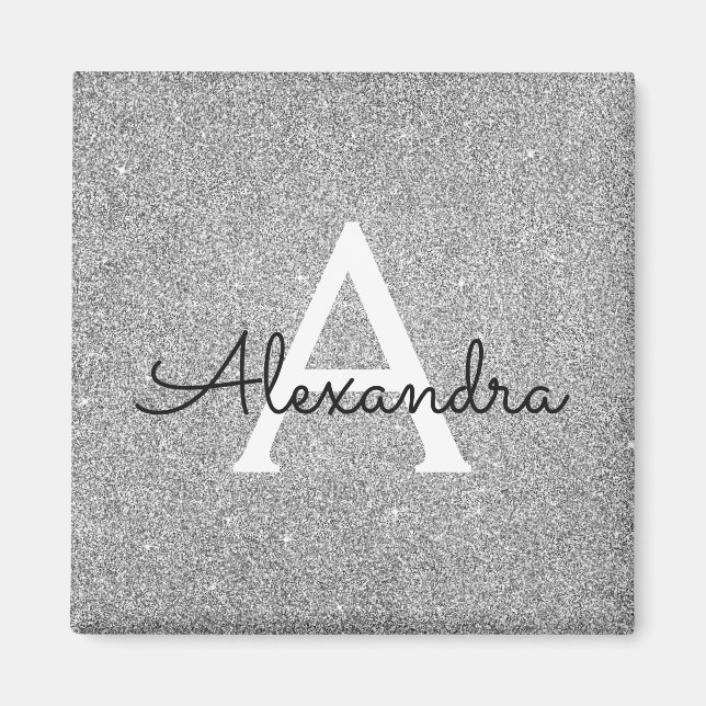 Silver Glitter & Sparkle Monogram Birthday Magnet (Front)