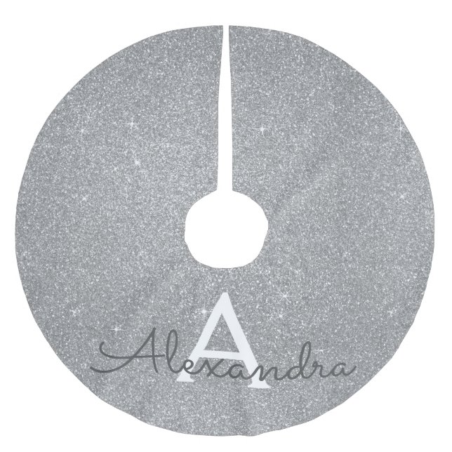 Silver Glitter & Sparkle Monogram Brushed Polyester Tree Skirt (Front)