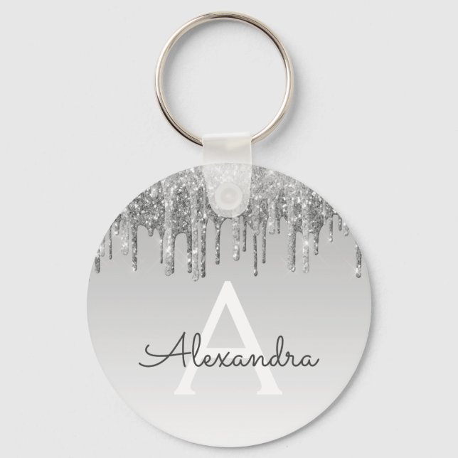 Silver Glitter & Sparkle Monogram Keychain (Front)