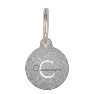 Silver Glitter & Sparkle Monogram Name Pet Tag