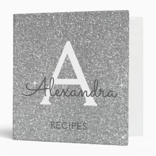 Silver Glitter Sparkle Monogram Recipe Binder