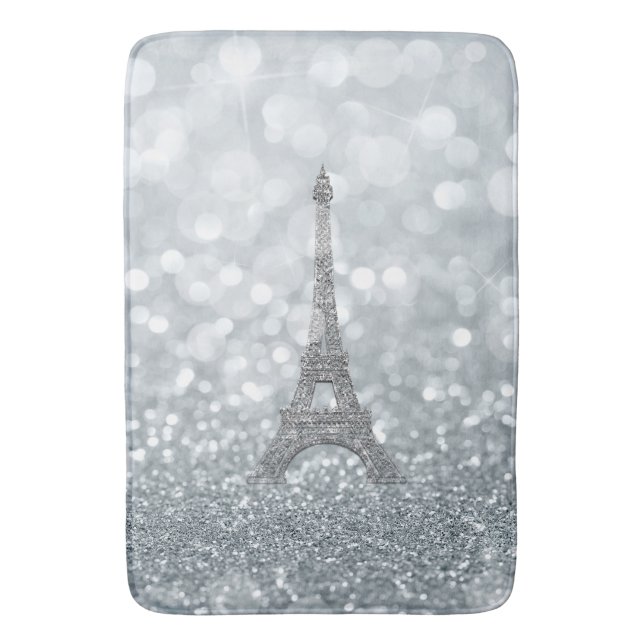 Silver Glitter Sparkle Paris Eiffel Tower Glam Bath Mat (Front Vertical)