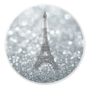 Silver Glitter Sparkle Paris Eiffel Tower Glam Ceramic Knob