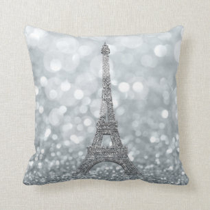 Silver Glitter Sparkle Paris Eiffel Tower Glam Throw Pillow
