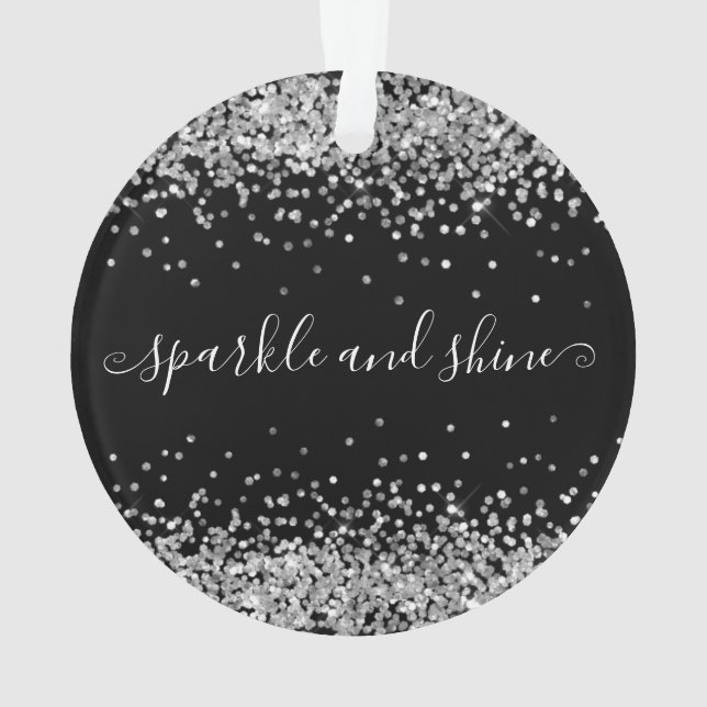 Silver Glitter Sparkle Shine Happy Holidays Black Ornament (Back)
