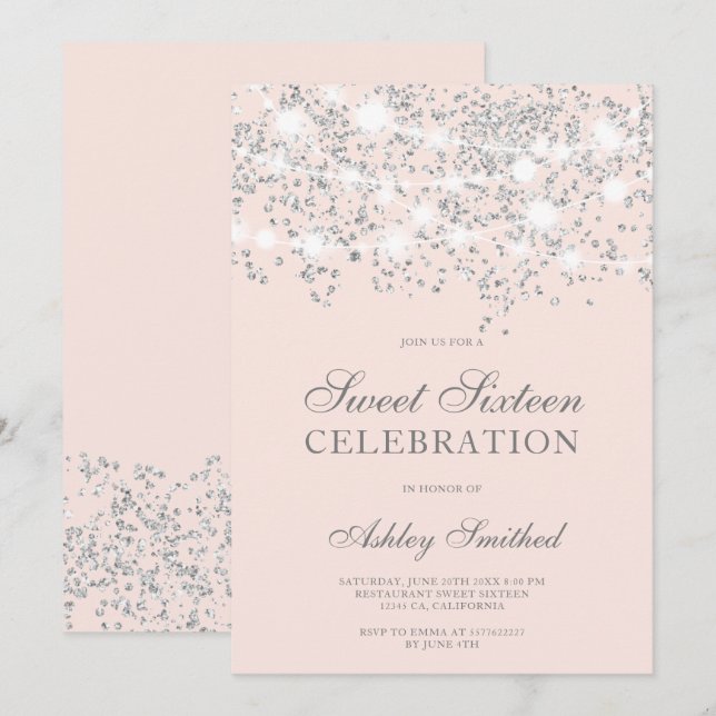 Silver glitter sparkles blush pink sweet sixteen invitation (Front/Back)