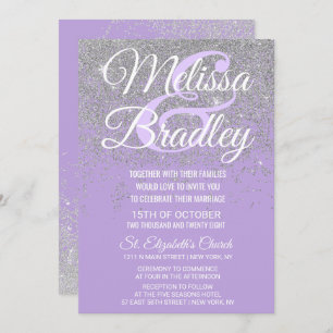 Silver Glitter Sparkles Dark Lavender Wedding Invitation