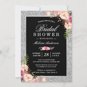 Silver Glitter Sparkles Floral Bridal Shower Invitation