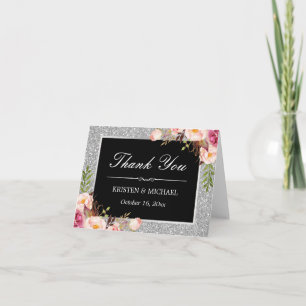 Silver Glitter Sparkles Floral Decor Thank You Card