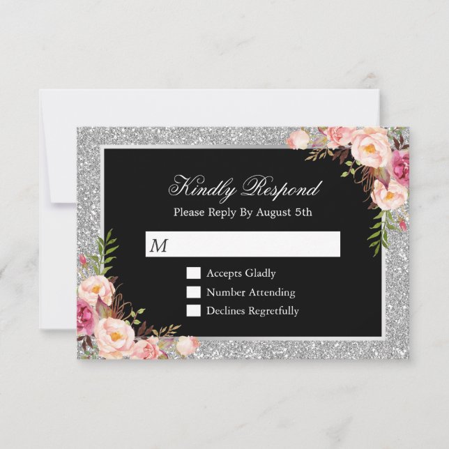 Silver Glitter Sparkles Floral Wedding RSVP Reply (Front)