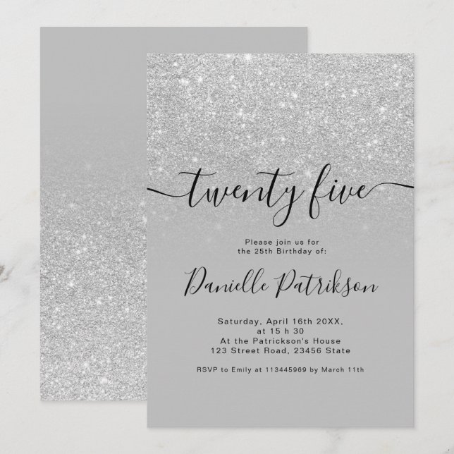 Silver glitter sparkles grey ombre twenty five invitation (Front/Back)