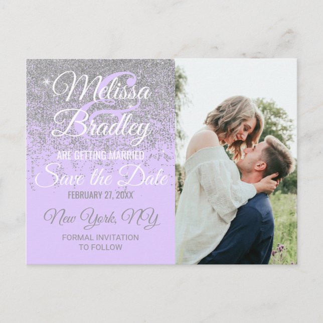 Silver Glitter Sparkles Lavender Purple Save Date Announcement Postcard (Front)