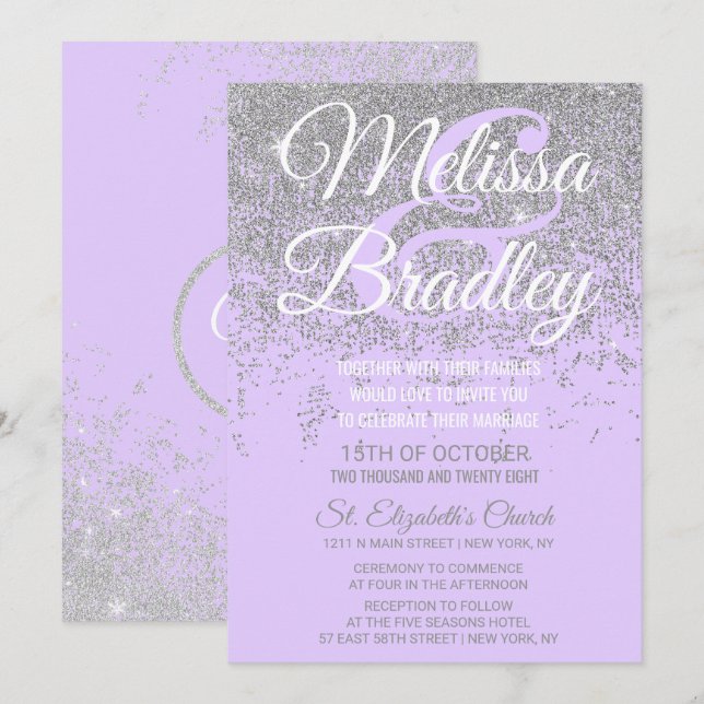 Silver Glitter Sparkles Lavender Purple Wedding Invitation (Front/Back)