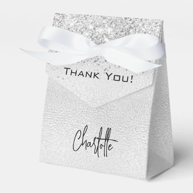 Silver glitter sparkles name script thank you favor box (Front Side)