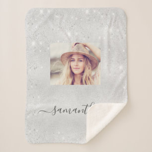 Silver glitter sparkles photo name script sherpa blanket