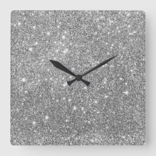Silver Glitter Sparkles Square Wall Clock