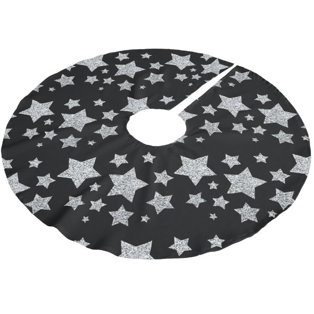 Silver glitter sparkles Stars pattern black Brushed Polyester Tree Skirt (Angled)
