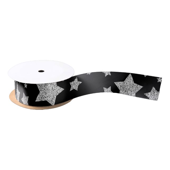 Silver glitter sparkles Stars pattern black Satin Ribbon (Spool)
