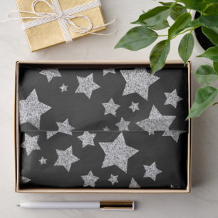 Silver glitter sparkles Stars pattern black Tissue Paper