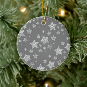 Silver glitter sparkles Stars pattern light grey Ceramic Ornament